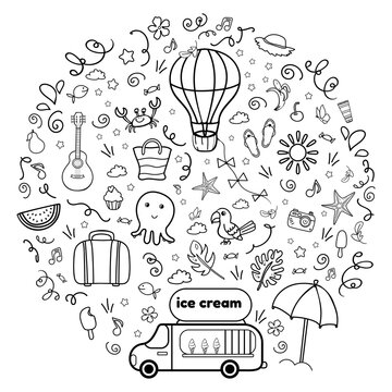 Summer Hand drawn collection. Doodle illustration set of travel and adventure. Vector cartoon Clip Art summer icons balloon, bike, forest, road, camera, car, ice cream van etc.