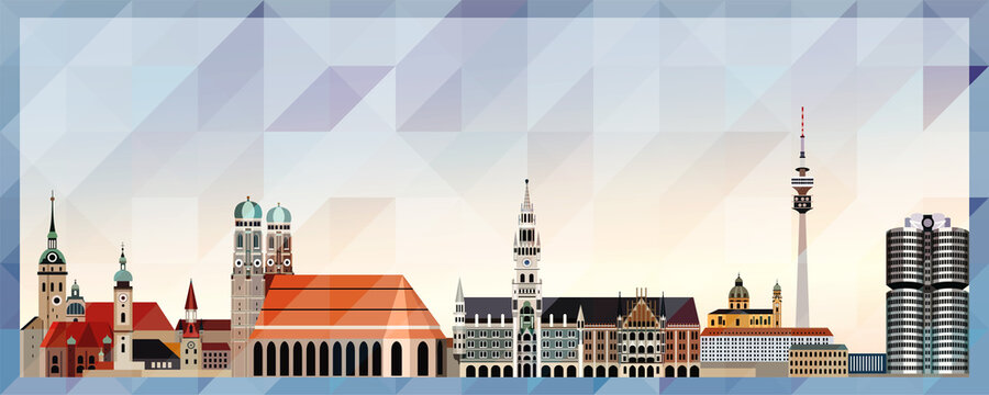 Munich skyline vector colorful poster on beautiful triangular texture background