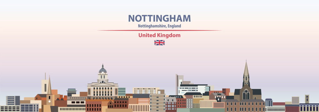 Nottingham cityscape on sunset sky background vector illustration with country and city name and with flag of United Kingdom