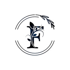 Initial Letter F Botanical Flowers with lettering circle hand drawn. Suitable for natural, eco, jewelry, fashion, personal or corporate branding.