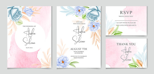 Fototapeta na wymiar Set of watercolor wedding invitation card template with rose, creamy, and blue leaves decoration .watercolor floral frame and border decoration. botanic illustration for card composition.