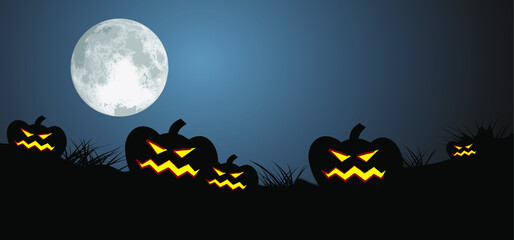 Cartoon drawing of scary pumpkins in the moon for happy halloween party, fest on 31 October. Pumpkin, pictogram. Flat vector sketch sign. Banner or card.