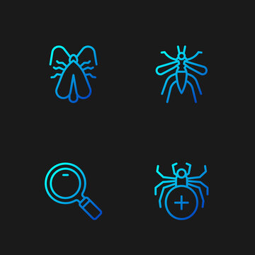 Set line Spider, Magnifying glass, Clothes moth and Mosquito. Gradient color icons. Vector