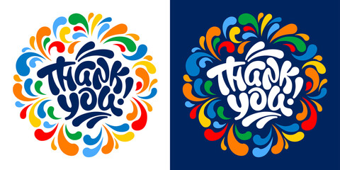 Thank You handwritten inscription. Unique lettering, calligraphy by thick brush. Variations on black or dark blue background with bright colorful ornament. Vector illustration. - obrazy, fototapety, plakaty