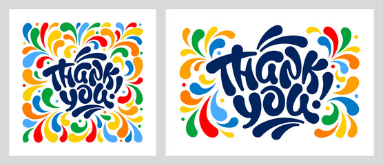 Thank you handwritten lettering. Unique lettering, thick brush calligraphy. Composition in a square and a rectangle with a bright colorful ornament on a white background. Vector illustration.