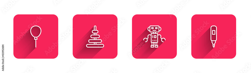 Poster set line balloons with ribbon, pyramid toy, robot and marker pen with long shadow. red square button