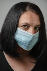 Woman wearing blue medical protective mask to health protection from influenza virus, epidemic and...