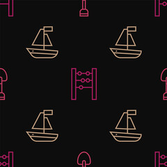 Set line Shovel toy, Toy boat and Abacus on seamless pattern. Vector