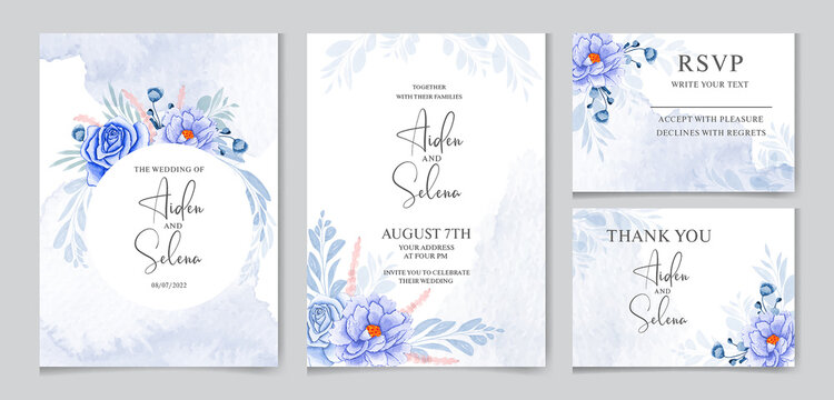 Wedding invitation card template set with the soft blue color rose, flowers and leaves decoration. watercolor floral frame and border decoration. botanic illustration for card composition.
