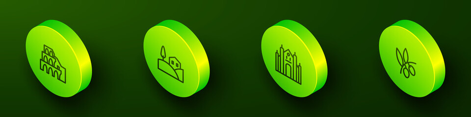 Set Isometric line Coliseum in Rome, Village landscape, Milan Cathedral and Olives branch icon. Vector