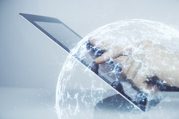 Double exposure of man's hands holding and using a phone and social network theme drawing.