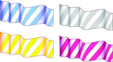 Obraz premium Vector isolated cartoon illustration. A piece of striped cloth fluttering in the wind. Design element in four color options. Neat background for inscriptions and signage. 