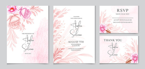 Wedding invitation card template set with the soft pink color rose flowers and leaves decoration. watercolor floral frame and border decoration. botanic illustration for card composition