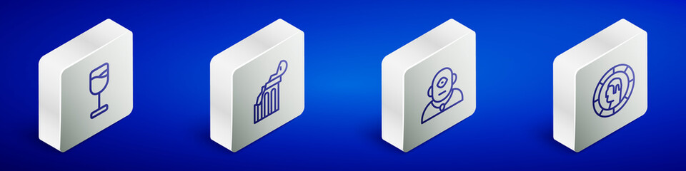 Set Isometric line Wine glass, Broken ancient column, Cyclops and Ancient Greek coin icon. Vector