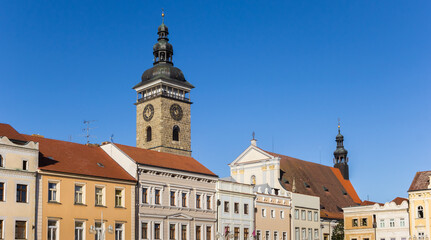 Old houses and black tower in Ceske Budejovice, Czech Republic