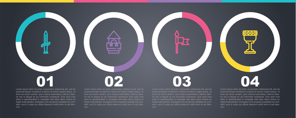 Set line Dagger, Castle tower, Medieval spear and goblet. Business infographic template. Vector