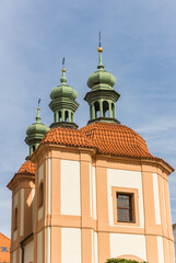 Fototapeta na wymiar Towers of the chapel in historic city Ceske Budejovice, Czech Republic