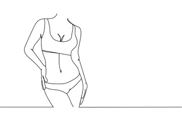 Continuous one line of muscular beautiful slim woman body is expressing in silhouette. Linear stylized. Minimalist.