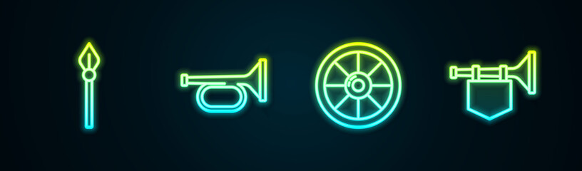 Set line Medieval spear, Trumpet, Round wooden shield and with flag. Glowing neon icon. Vector