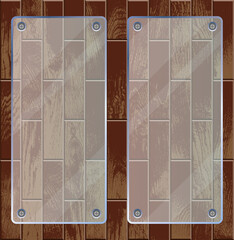 Transparent glass plates on wooden textured background