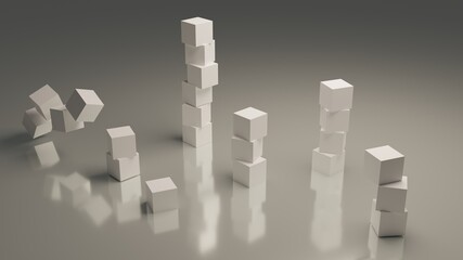 3d render of some stacked white cubes with a bright and white background on a reflexive surface