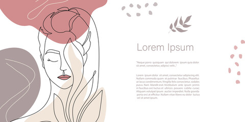 Vector woman Portrait one line, Abstract minimalistic, leaves and flower in  pastel colors. Continuous line art.  Template with copy space for text  for invitation, cards, banner and poster, Landing