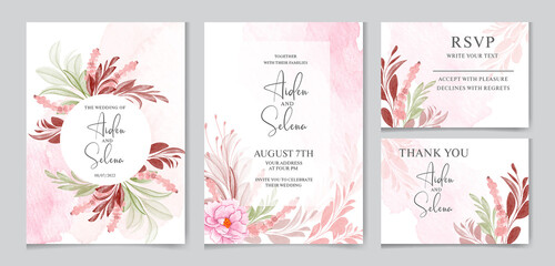 Floral wedding invitation card template set with burgundy and brown leaves decoration and soft pink flowers 