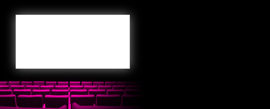 Cinema movie theatre with pink seats and a blank white screen. Horizontal banner