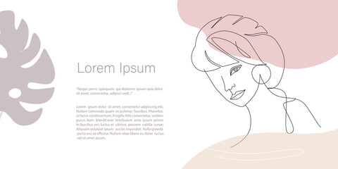 Vector woman Portrait one line, Abstract minimalistic, leaves and flower in  pastel colors. Continuous line art.  Template with copy space for text  for invitation, cards, banner and poster, Landing