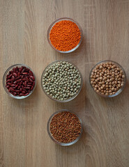 Bowls of cereal grains: chickpeas, red lentils, red bean, green peas, sorghum grain