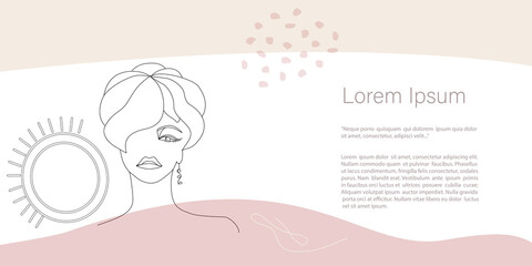 Fototapeta premium Vector woman Portrait one line, Abstract minimalistic, leaves and flower in pastel colors. Continuous line art. Template with copy space for text for invitation, cards, banner and poster, Landing