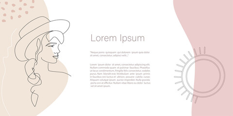 Vector woman Portrait one line , Abstract minimalistic in trendy pastel colors. Continuous line art. Template with copy space for text  for invitation, cards, banner and poster, Landing Page