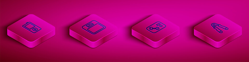 Set Isometric line Music player, Bathroom scales, Fitness club, gym card and Sport expander icon. Vector