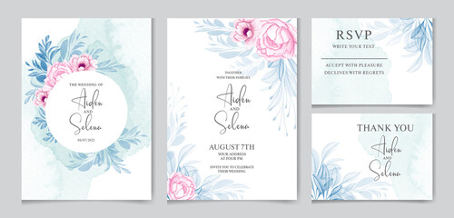 Elegant wedding invitation card template set with peach rose flowers and beautiful leaves decoration. watercolor floral frame and border decoration. botanic illustration for card composition