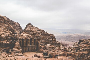 A beautiful panorama of The Monastery, called locally Ed Deir in a cloudy day in Petra - Jordan