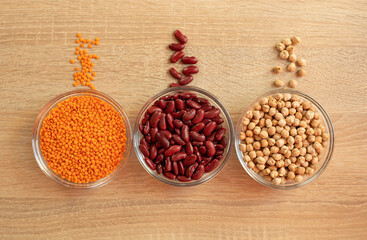 Bowls of cereal grains chickpeas, red lentils, red bean