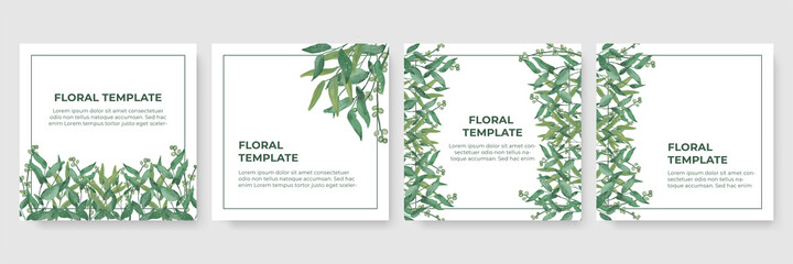 Vector set of abstract backgrounds with copy space for text - bright vibrant banners, posters, cover design templates, social media stories wallpapers with tropical leaves and plants in minimal simple