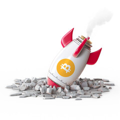 Red and white bitcoin rocket Spaceship Crashed on White Background 3d rendering illustration