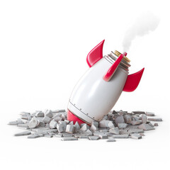Red and white rocket Spaceship Crashed on White Background 3d rendering illustration