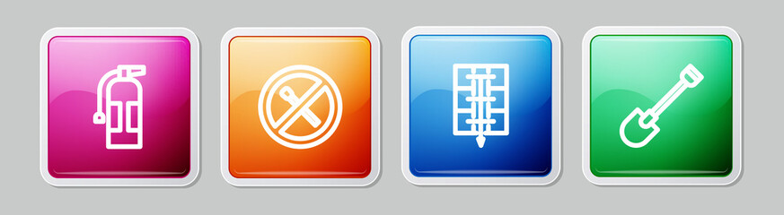 Set line Fire extinguisher, No fire match, Evacuation plan and shovel. Colorful square button. Vector