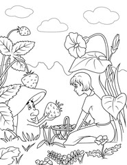 Mushroom presenting a big strawberry to girl. Coloring page for kids.