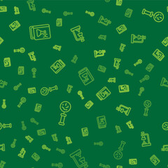 Set line Genetic engineering book, Microorganisms under magnifier and Test tube flask on fire on seamless pattern. Vector