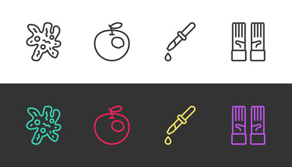 Set line Cell, Genetically modified apple, Pipette and Medical rubber gloves on black and white. Vector