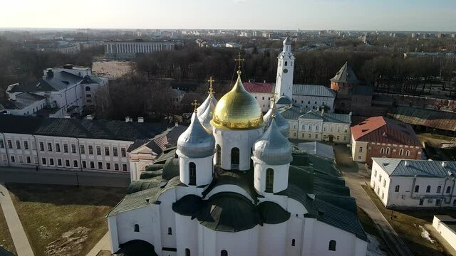 Panoramic aerial view of St. Sophia Cathedral in The Kremlin of Novgorod, early sunny spring day. Russia. 