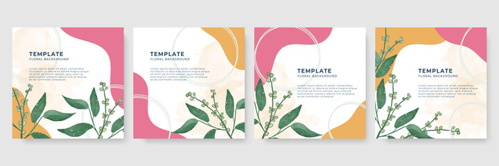 Vector set of abstract backgrounds with copy space for text - bright vibrant banners, posters, cover design templates, social media stories wallpapers with tropical leaves and plants in minimal simple