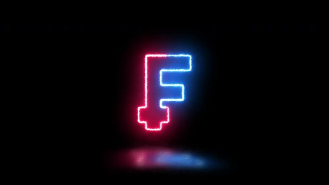 Thin line neon symbol of Swiss currency Franc on a dark background with reflection on a floor. Simple business motion graphic animated element