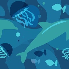 Repeating seamless pattern in blue for printing on fabric, paper, etc. Illustration with jellyfish, dolphins, fish. Shades of blue ocean sea. Underwater world, flowing figures, silhouettes.Vector EPS