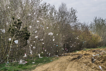 Lutsk, Volyn region, Ukraine, April 11, 2019; Garbage dump. Plastic bags on bushes and trees. Ecology. Danger. Environmental pollution.