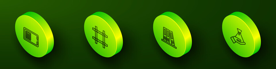 Set Isometric line Safe, Prison window, Office folders and Bribe money bag icon. Vector