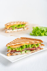 Homemade tasty juicy sandwich made of cucumber, slice of meat and cheese, lettuce between slices of grilled toast bread served on rectangular plate on white wooden table at kitchen. Vertical image